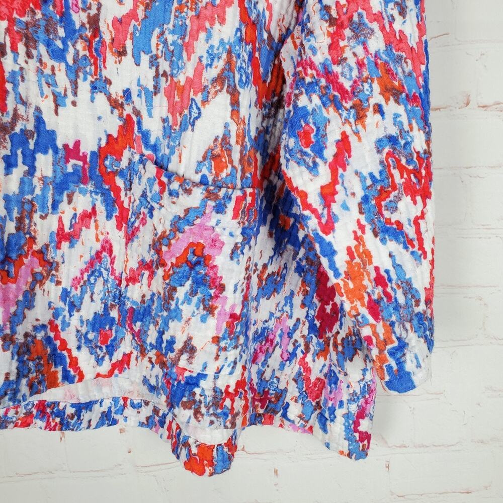 Habitat Seaside Double Cloth Gauze Pullover Top Lg 3/4 Sleeve Ikat Red Pink Blue - Picture 4 of 12